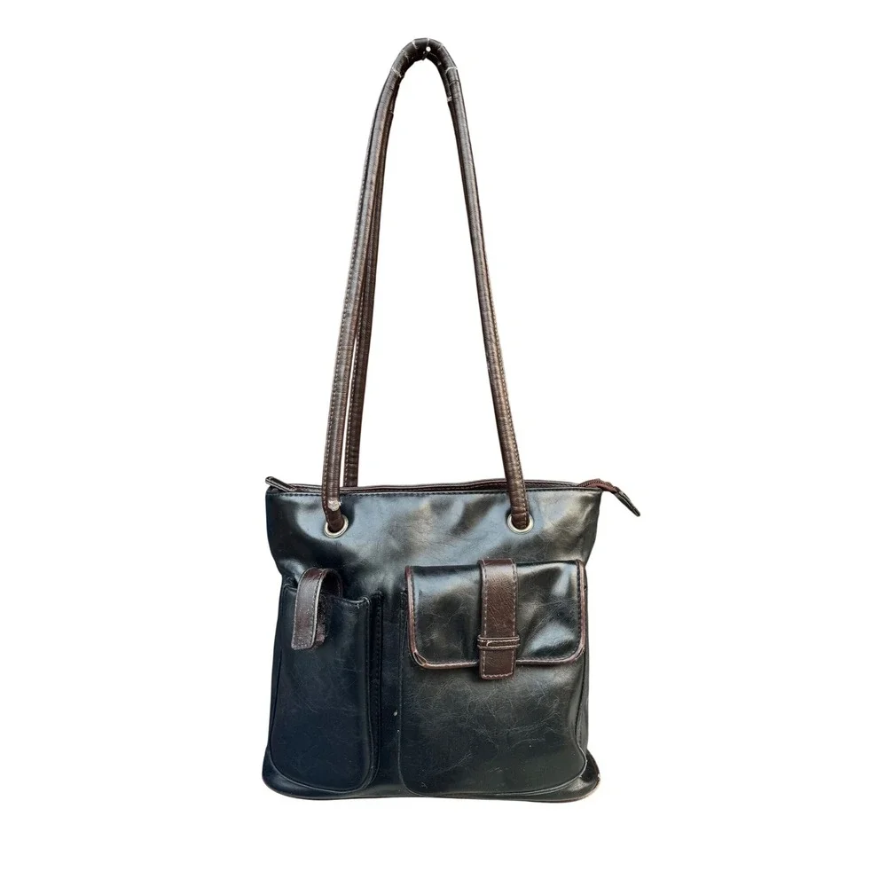 Vintage Black Brown Leather Multi Pocket Shoulder Bag Tote